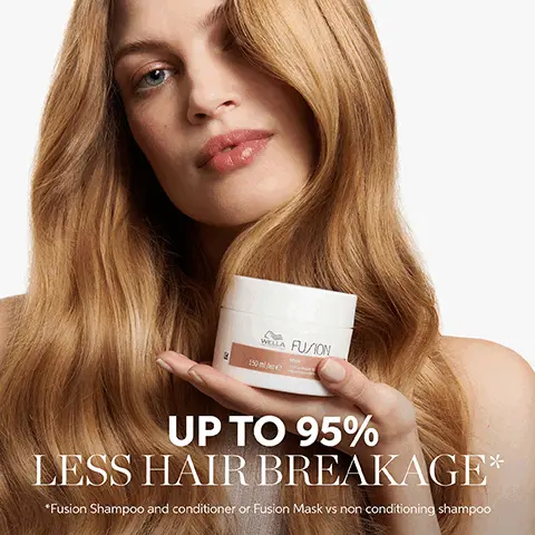 Up to 95% less hair breakage, fusion shampoo and conditioner or fusion mask vs non conditioning shampoo. Before with non-conditioning shampoo, Fusion with fusion shampoo, mask and blow dry. Intense repair, smoothness, metal purifier, anti-breakge due to combing and mechanical damage. Amino acids, micronized lipids, metal purifier, silksteel technology, visit www.wella.com/ingredients to learn more about our ingredients.