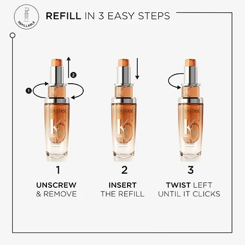 Image 1, refill in 3 easy steps. 1 = unscrew and remove. 2 = insert the refill. 3 = twist left until it clicks. Image 2, CONTROL-IN-MOTION HAIR OIL LESS FRIZZ MORE MANAGEABILITY MORE SMOOTHNESS HEAT PROTECTION VOLUMINOUS & UNRULY HAIR Image 3, HOW TO USE APPLY 1 OR 2 DROPS ON WET OR DRY HAIR, AS A LEAVE-IN TREATMENT. START FROM MID-LENGTH AND WORK TO ENDS. STYLE AS DESIRED. CAN BE USED AS A POST-BLOW DRY OIL AND FOR FINISHING &TOUCH-UPS DURING THE DAY KÉRASTASE PARIS DISCIPLINE OLEO RELAX REFILLABLE МОРНО-МЕ M