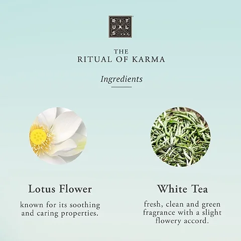 Lotus flower, known for its soothing and caring properties. White tea, fresh, clean and green fragrance with a slight flowery accord.