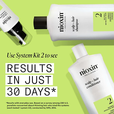 Image 2 - A bright green background displays three Nioxin hair products – a scalp care + hair thickening treatment, a scalp + hair shampoo, and a scalp + hair conditioner – all marked nioxin PRO CLINICAL and System 2 for natural/untreated hair that combats progressed thinning, with accompanying text that reads Use System Kit 2 to see RESULTS IN JUST 30 DAYS* and a disclaimer stating *Results with everyday use. Based on a survey among 230 U.S. panelists concerned about thinning hair who tried the systems (each tested 1 system kit), conducted by SIRS, 2016. Image 3 - A smiling person with dark curly hair touching their head, next to text that reads: FOR THICKER, FULLER HAIR BOOSTS HAIR DENSITY FOR PROGRESSED THINNING HYDRATES SCALP AND HAIR FROM ROOT TO TIP FORMULATED WITH POWERFUL NIACINAMIDE & BIOTIN CLINICALLY & DERMATOLOGICALLY TESTED. Image 4 - A white Nioxin PRO CLINICAL scalp + hair conditioner bottle, showing 2 NATURAL / UNTREATED HAIR COMBATS PROGRESSED THINNING and CLINICALLY & DERMATOLOGICALLY TESTED 1L | 33.8 FL OZ, is being held with water splashing around it, presented beside a light green panel with instructions How To Use scalp + hair conditioner: 1 Work Conditioner through the hair, from scalp to ends, and 2 Rinse thoroughly to make sure all product is removed. Image 5 - A four-panel image shows two panels of light green liquid with translucent bubbles and drops, alongside text that reads MENTHA ARVENSIS LEAF OIL Also known as wild mint oil, this oil is known for its refreshing and invigorating benefits to the scalp. PEPPERMINT OIL Can assist in regulating sebum production and controlling oiliness. Image 6 - A white, creamy, wavy background with the text: NIOXIN SCALP & HAIR CONDITIONER result: Cleanse and provide a refreshed scalp environment and healthy shine to natural hair. Image 7 - Black text on a bright green background reads: nioxin® PRO CLINICAL NIOXIN GROWS RESULTS™ Only Nioxins Advanced Scalp Science Can Support Stronger Hair From the Root for Results You Can See and Feel. Image 8 - The image displays two white Nioxin conditioner bottles, comparing the old packaging on the left with the new packaging on the right, with prominent text at the top stating NEW LOOK same great formula; the old bottle is labeled Nioxin 2 Scalp Therapy Revitalizing Conditioner Step 2 Natural Hair Light Thinning 1L, and the new bottle is labeled Nioxin Pro Clinical Scalp + Hair Conditioner 2 for Natural Untreated Hair that Combats Progressed Thinning, Clinically & Dermatologically Tested 1L | 33.8FLOZ.