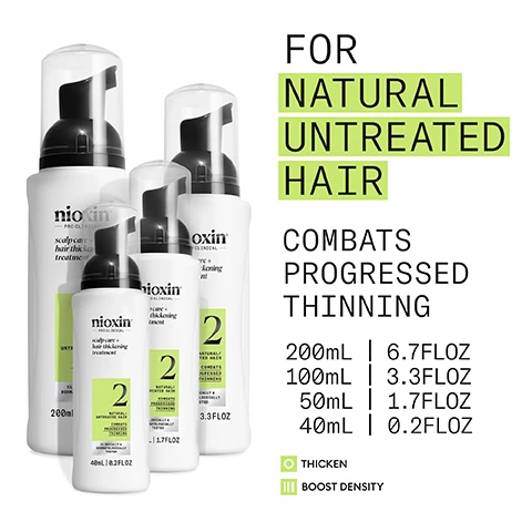 Image 2 - Several white Nioxin Pro Clinical pump bottles of varying sizes for scalp care and hair thickening treatment are shown next to text that reads FOR NATURAL UNTREATED HAIR, COMBATS PROGRESSED THINNING, 200mL | 6.7FLOZ, 100mL | 3.3FLOZ, 50mL | 1.7FLOZ, 40mL | 0.2FLOZ, THICKEN, BOOST DENSITY. Image 3 - Three Nioxin hair product bottles are displayed on a bright green background with text that reads Use System Kit 2 to see RESULTS IN JUST 30 DAYS* and a footnote *Results with everyday use. Based on a survey among 230 U.S. panelists concerned about thinning hair who tried the systems (each tested 1 system kit), conducted by SIRS, 2016. The bottles are labeled Nioxin PRO CLINICAL scalp care + hair thickening treatment, Nioxin PRO CLINICAL scalp + hair shampoo 2, and Nioxin PRO CLINICAL scalp + hair conditioner 2. Image 4 - A person with dark, curly hair touches their head and smiles, with text on the left stating: FOR THICKER, FULLER HAIR BOOSTS HAIR DENSITY FOR PROGRESSED THINNING HYDRATES SCALP AND HAIR FROM ROOT TO TIP FORMULATED WITH POWERFUL NIACINAMIDE & BIOTIN CLINICALLY & DERMATOLOGICALLY TESTED. Image 5 - A persons hand holds a white pump bottle of Nioxin hair treatment, surrounded by water droplets, while a light green panel on the right displays usage instructions; the bottle reads Nioxin PRO CLINICAL scalp care + hair thickening treatment 2 NATURAL / UNTREATED HAIR COMBATS PROGRESSED THINNING CLINICALLY & DERMATOLOGICALLY TESTED 100 mL | 3.3 FL OZ, and the panel states HOW TO USE scalp care + hair thickening treatment with steps 1 Shake the Scalp & Hair Treatment to activate it, 2 Apply to scalp and work through hair from roots to ends, and 3 Do not rinse. Image 6 - An infographic on a light green background features four panels, each with an image on the left and text describing an ingredient and its benefits on the right: a white cream, roasted coffee beans, a clear liquid in a test tube, and a bluish liquid with bubbles, accompanied by the text: SUN PROTECTING INGREDIENTS. Formulated with a common UV filter providing protection against the damaging effects of ultraviolet (UV) radiation from the sun. CAFFEINE. Supports hair follicles, circulation and maintains the skin barrier. MENTHA ARVENSIS LEAF OIL. Also known as wild mint oil, this oil is known for its refreshing and invigorating benefits that stimulate the scalp and promote circulation. NIACINAMIDE. A form of vitamin B3, Niacinamide helps nourish the hair root and can have a positive impact on hair growth and overall scalp health. Image 7 - A close-up of white frothy foam with small bubbles and liquid droplets shows the text NIOXIN SCALP CARE & HAIR THICKENING TREATMENT result: Provide thicker-looking hair by increasing the fullness of each hair strand, and strengthening against damage and breakage. Image 8 - A light green background with black text reading Nioxin Pro Clinical, Nioxin Grows Results, Only Nioxin’s Advanced Scalp Science Can Support Stronger Hair From the Root for Results You Can See and Feel. Image 9 - The image compares an old and new Nioxin hair treatment bottle, with the text NEW LOOK same great formula above; the old bottle on the left is Nioxin 3D Scalp & Hair Treatment Step 3 for Natural Hair Progressed Thinning, 100 mL, and the new bottle on the right is Nioxin PRO CLINICAL scalp care + hair thickening treatment 2 for Natural/Untreated Hair, Combats Progressed Thinning, Clinically & Dermatologically Tested, 100 mL | 3.3 FL OZ.