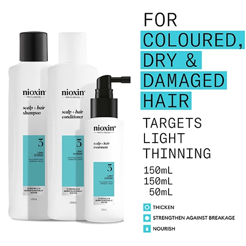 Image 10 - The image displays a comparison of old and new Nioxin System 3 product packaging, titled NEW LOOK same great formula, showing an Old brown box and a New white and blue box featuring three Nioxin PRO CLINICAL bottles—scalp + hair shampoo 300ml, conditioner 300ml, and treatment 100ml—marketed as the #1 PROFESSIONAL BRAND for THICKER, FULLER HAIR, suitable for LIGHT THINNING, COLOURED/DRY/DAMAGED HAIR, designed to THICKEN & STRENGTHEN with RESULTS IN 30 DAYS, and is CLINICALLY & DERMATOLOGICALLY TESTED. Image 2 - Three white Nioxin PRO CLINICAL System 3 bottles for LIGHT THINNING, COLOURED/DRY/DAMAGED HAIR, CLINICALLY & DERMATOLOGICALLY TESTED are shown: a scalp + hair shampoo 150mL, a scalp + hair conditioner 150mL, and a scalp + hair treatment 50mL; accompanying text reads FOR COLOURED, DRY & DAMAGED HAIR TARGETS LIGHT THINNING, followed by volumes 150mL, 150mL, 50mL and benefits THICKEN, STRENGTHEN AGAINST BREAKAGE, NOURISH. Image 3 - Three Nioxin brand white bottles for scalp and hair, specifically a treatment with a pump applicator, a shampoo, and a conditioner, are displayed on a bright teal background, with visible text reading Nioxin Pro Clinical scalp + hair treatment, Nioxin Pro Clinical scalp + hair shampoo, Nioxin Pro Clinical scalp + hair conditioner, RESULTS IN JUST 30 DAYS*, and the smaller disclaimer *Based on a survey among 230 U.S. panelists concerned about thinning hair who tried the systems (each tested 1 system kit), conducted by SIRS, 2016, plus 3 LIGHT THINNING COLOURED/DRY DAMAGED H on the conditioner bottle. Image 4 - A woman with wavy blonde hair and blue eyes looks to the right, next to text that reads: FOR THICKER, FULLER HAIR THICKENS, STRENGTHENS & NOURISHES LIGHT THINNING HAIR LEAVES HAIR THICKER, FULLER WHILE MAINTAINING VIBRANT COLOUR FORMULATED WITH POWERFUL NIACINAMIDE & BIOTIN CLINICALLY & DERMATOLOGICALLY TESTED. Image 5 - A hand holds two Nioxin PRO CLINICAL System 3 products, a 300ML scalp + hair shampoo and a 300ML scalp + hair conditioner, both for light thinning, coloured, dry, damaged hair and clinically and dermatologically tested, positioned next to a turquoise panel with black text outlining how to use them: HOW TO USE, 1. Massage shampoo into hair and scalp, rinse thoroughly, 2. Rub conditioner from scalp to ends, rinse thoroughly, 3. Apply treatment to scalp and hair, from roots to ends, do not rinse. Image 6 - A woman with thick, dark brown hair and a clear complexion smiles, shown with two inset images above depicting a before view of her scalp with sparse hair and an after view with noticeably denser hair, with text reading BEFORE AFTER Before: Prior to washing and styling. After: Results with Nioxin Scalp Care + Hair Thickening System 3, Diamax Advanced Thickening Serum, blow dry and styled. Image 7 - A four-panel graphic on a blue background displays ingredients and their benefits: coffee beans for CAFFEINE Supports hair follicles and maintains the skin barrier; green liquid drops for MENTHA ARVENSIS LEAF OIL Also known as wild mint oil, this oil is known for its refreshing and invigorating benefits to the scalp; a light green liquid drop for PEPPERMINT OIL Can assist in regulating sebum production and controlling oiliness; and clear liquid bubbles for NIACINAMIDE A form of vitamin B3, Niacinamide helps nourish the hair root and can have a positive impact on the scalp environment. Image 8 - Image displays three numbered Nioxin hair product samples and descriptions on a teal background: 1 shows a light blue shampoo swatch with text NIOXIN SCALP & HAIR SHAMPOO Removes dirt, excessive oil and other environmental residues; 2 shows a white creamy conditioner swatch with text NIOXIN SCALP & HAIR CONDITIONER Helps provide hair resilience, hydrates scalp and hair from root to tip; and 3 shows a clear gel-like treatment drop with a silver ring, accompanied by text SCALP CARE & HAIR THICKENING TREATMENT Refreshes the scalp and increases hair volume. Image 9 - A vibrant blue background displays the Nioxin logo and product information, including the text nioxin PRO CLINICAL, NIOXIN GROWS RESULTS™, and Only Nioxins Advanced Scalp Science Can Support Stronger Hair From the Root for Results You Can See and Feel.