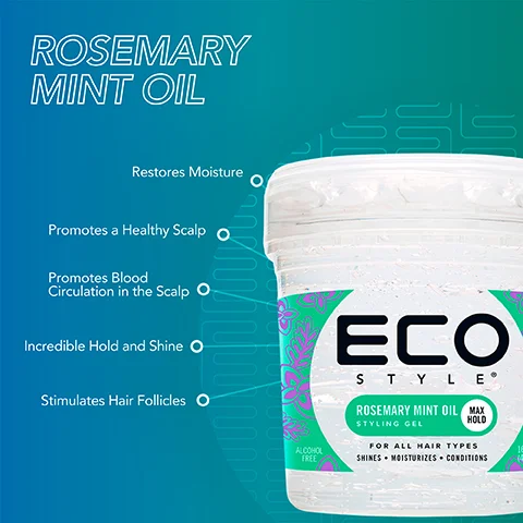 Image 1 - A container of ECO Style Rosemary Mint Oil styling gel with a blue-green background, featuring text that lists its benefits: restores moisture, promotes a healthy scalp, promotes blood circulation in the scalp, provides incredible hold and shine, and stimulates hair follicles, along with the phrase ALCOHOL FREE.