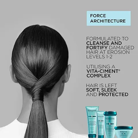 image 1, force architecture, formulated to cleanse and fortify damaged hair at erosion levels 1-2. utlising a vita-ciment complex. hair is left soft, sleek and protected. image 2, vita ciment. image 3, strengthening 500ml shampoo bundle. damaged over processed hair.