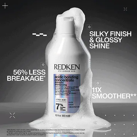 Image 1 - A bottle of Redken acidic bonding concentrate shampoo, covered in foam, with the text stating 56% less breakage* and 11x smoother** alongside the bottle, on a black background.
Image 2 - A close-up image of a white shampoo bottle with a flip-top lid slightly open, showing a dollop of creamy product inside, with bold text indicating 56% LESS BREAKAGE* at the top, 90% MORE CONDITIONED* in the middle, and 11X SMOOTHER** at the bottom.
Image 3 - A person is dispensing a white cream from a tube labeled Redken, with text stating it combats one year of visible damage in one use, reduces split ends by 78%, and provides heat protection up to 230°C.
Image 4 - An assortment of creamy white textures with visible text that states CITRIC ACID + BONDING CARE COMPLEX HELPS REPAIR BONDS + PREVENT FUTURE DAMAGE.
Image 5 - Image showing two side-by-side photos of hair: the left side labeled BEFORE shows dry, damaged blonde hair, while the right side labeled AFTER ONE USE* shows smooth, healthy-looking blonde hair; additional text at the bottom states SYSTEM OF ACIDIC BONDING CONCENTRATE INTENSIVE TREATMENT: SHAMPOO, CONDITIONER & LEAVE-IN VS. UNMANAGED HAIR.
Image 6 - Image shows two side-by-side views of curly hair: the left side labeled BEFORE depicts dry, frizzy curls, while the right side labeled AFTER ONE USE* shows smoother, defined curls. Visible text at the bottom reads SYSTEM OF ACIDIC BONDING CONCENTRATE INTENSIVE TREATMENT, SHAMPOO, CONDITIONER & LEAVE-IN VS. UNDAMAGED HAIR.
Image 7 - Image shows three Redken hair care products labeled for damage repair for chemically treated hair, including a shampoo bottle, a conditioner bottle, and a leave-in treatment tube, with visible text indicating each products purpose and percentages: shampoo labeled 7%, conditioner 11%, and leave-in treatment 5%.
Image 8 - Two bottles of Redken hair products are displayed on a gradient background, with five stars above them, and the text BEST I’VE EVER USED AND I’M A HAIRDRESSER alongside a note stating RECEIVED THE PRODUCT TO TRY FROM MARIE CLAIRE BEAUTY DRAWER, AUG 2022 below.
Image 9 - Image of a Redken product tube labeled acidic bonding concentrate with five black star ratings above it and text stating THE BEST LEAVE-IN TREATMENT I HAVE EVER USED and MY HAIR LOOKS BETTER & BETTER AFTER EACH USE, followed by a note about receiving the product from Marie Claire Beauty Drawer, Nov 2021.Image 10 - A hand is holding a small amount of product from a tube labeled Redken, which is shown with a womans portrait on the left; the image includes the text LOVED BY PROS and a quote from Lorna Valente, a hairstylist at Percy & Reed Salon.