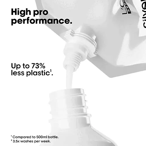 Image 1 - A close-up image of a bottle with a pouring spout dispensing liquid, accompanied by text stating High pro performance and Up to 73% less plastic1, with a footnote explaining the comparison to a 500ml bottle and wash frequency.
Image 2 - Image shows a packaging design for LOreals Silver hair care products, featuring a 500ml pouch and a 500ml bottle labeled Silver along with the text Your 6-month pack and details about usage frequency.
Image 3 - An instructional image on refilling shampoo, showing three steps: 1. Take your empty shampoo bottle. Do not rinse it. Unscrew the bottle & refill caps. 2. Take the refill pouch and pour it up slowly inside the bottle. 3. Screw the cap and use your shampoo as usual. Refill the bottle maximum 3 times.
Image 4 - Image shows a LOréal Professional Silver shampoo refill pouch alongside two shampoo bottles, with the text Refill your bottles and information about the refill quantity equating one pouch to either one 500ml bottle or one and a half 300ml bottles.
Image 5 - Image shows a set of hair care products including a shampoo bottle and a refill pouch labeled Silver, with four steps illustrated: (1) the shampoo bottle beside the refill pouch; (2) demonstrating how to open the bottle cap; (3) showing the refill pouch being squeezed into the bottle; (4) completed bottle with the lid on, labeled Silver and LORÉAL PROFESSIONAL.
Image 6 - Image shows a collection of hair product refills in various bottles and pouches, with labels indicating different types, including Vitamin Color, Absolut Repair, Total Repair 10, and Silver, along with the text New refills. Available for all top sellers.