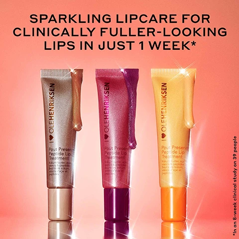 Image 1 - Three tubes of lip treatment in varying colors (gold, pink, and yellow) are displayed against a pink background, with text stating SPARKLING LIPCARE FOR CLINICALLY FULLER-LOOKING LIPS IN JUST 1 WEEK* and additional product information on the tubes.
Image 2 - A comparison image showing a close-up of lips before and after a treatment, with the before section displaying slightly darker lips and the after section showing bright, white teeth and glossy lips, with text that reads WARNING: MAY CAUSE MICRO BURSTS OF JOY and CITRUS SUNSHINE GLIMMER.
Image 3 - Close-up images of four different lips showing the effects of the Pout Preserve Lip Treatment in Citrus Sunshine Glimmer, labeled before and immediately after application, with visible text at the top stating the product name and results.
Image 4 - A close-up image of a lip treatment product in a golden container with sparkling liquid oozing from the nozzle, surrounded by a bright yellow background, featuring text that reads Clinically fuller-looking lips in 1 WEEK*, INSTANTLY reduces the look of lip lines*, and INSTANTLY hydrates + improves elasticity*.
Image 5 - A golden lip treatment tube is placed against a vibrant background of orange popsicles, embellished with sparkles, with the text MAY CREATE A SMILE THAT BREAKS THE INTERNET prominently displayed below.
Image 6 - Image shows a close-up of a golden, glimmering lip product with text around it detailing its benefits, stating GLIMMERING LIP-PLUMPING HYDRATION, and highlighting ingredients: LIP-SPECIFIC PEPTIDES with a description, KOKUM + MANGO SEED BUTTER, ACAI STEROLS, and SCANDINAVIAN CLOUDBERRY OIL.
Image 7 - Close-up image of three swirls of shimmering body glimmer: the top swirl is yellow labeled CITRUS SUNSHINE GLIMMER with sheer tint, gold glimmer, and fresh citrus scent; the middle swirl is beige labeled CRÈME BRÛLÉE GLIMMER with beige tint, rose gold glimmer, and vanilla brown sugar scent; the bottom swirl is magenta labeled LINGONBERRY JAM GLIMMER with magenta tint, silver glimmer, and sweet berry scent.