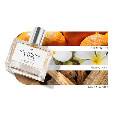 Image 1 - A perfume bottle titled Clémentine Bisous is displayed, surrounded by images of clementines, frangipani flowers, and pieces of sandalwood, with the text CLEMENTINE, FRANGIPANI, and SANDALWOOD visible in the background.