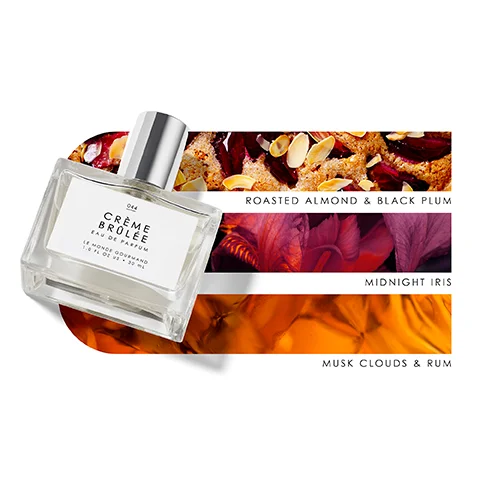 Image 1 - A glass perfume bottle labeled Crème Brûlée with a silver cap sits on a background featuring three color bands labeled Roasted Almond & Black Plum, Midnight Iris, and Musk Clouds & Rum.