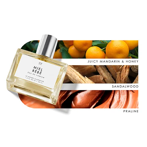 Image 1 - A bottle of Miel Bébé eau de parfum is displayed in front of images of juicy mandarins, sandalwood, and praline with the text JUICY MANDARIN & HONEY, SANDALWOOD, and PRALINE visible on the image.