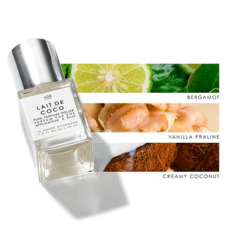 Image 1 - A perfume bottle labeled Lait de Coco is positioned at an angle, surrounded by images of lime, nuts, and coconut, with the words Bergamot, Vanilla Praline, and Creamy Coconut clearly visible.