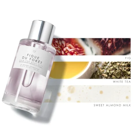 a pink bottle laying on it's side. image of a fig, white tea an sweet almond milk