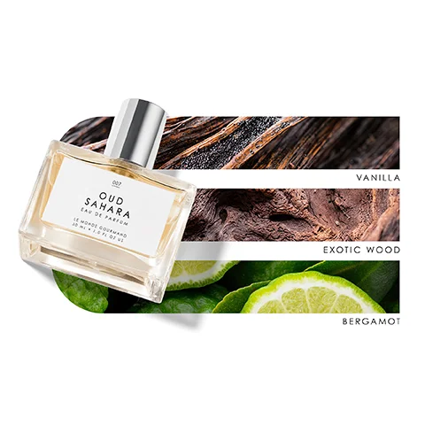 Image 1 - A bottle of Oud Sahara Eau de Parfum is positioned in front of a background featuring three colorful sections labeled vanilla, exotic wood, and bergamot, with a blend of ingredients displayed in each section.