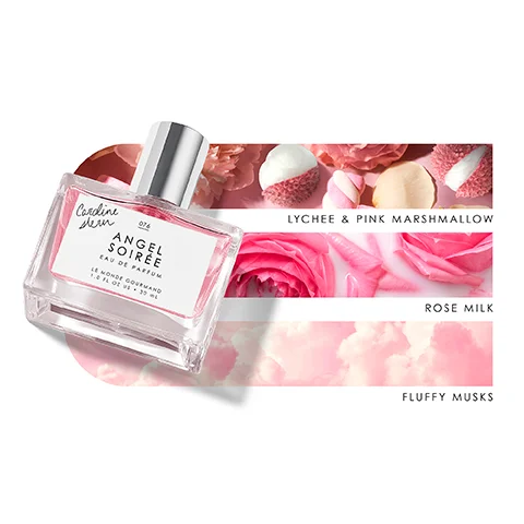 Image 1 - A bottle of Cardine Neur Angel Soiree perfume is placed on a background featuring pink flowers and desserts, with labeled sections reading Lychee & Pink Marshmallow, Rose Milk, and Fluffy Musks.