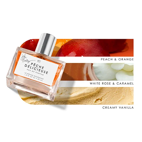 Image 1 - A perfume bottle labeled PECHE DELICIEUSE is placed in front of a colorful background featuring peaches, oranges, white rose petals, caramel, and creamy vanilla, with descriptive text on the right side indicating the scent notes.