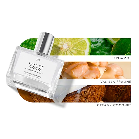 Image 1 - A transparent fragrance bottle labeled Lait de Coco is displayed over a background featuring images of lime, vanilla praline, and coconut, with the words Bergamot, Vanilla Praline, and Creamy Coconut arranged beside the corresponding images.