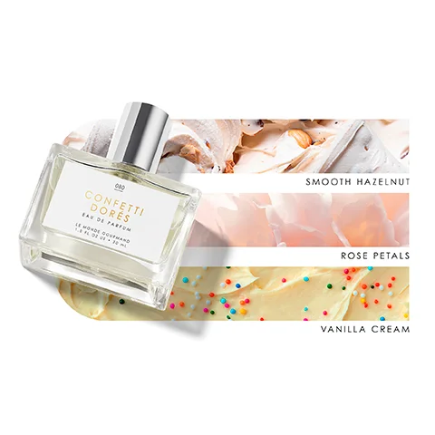 Image 1 - A glass perfume bottle labeled Confetti Dores Eau de Parfum is positioned in front of a backdrop featuring swirls of dessert-like textures with categories labeled Smooth Hazelnut, Rose Petals, and Vanilla Cream.