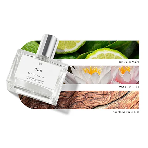 Image 1 - A clear glass perfume bottle with a silver cap is positioned over a colorful background featuring images of bergamot, water lily, and sandalwood, with the text EAU DE PARFUM 000 LE MONDE COURMAND 1.0 FL OZ US 30 ML along with the names of the scents in bold.