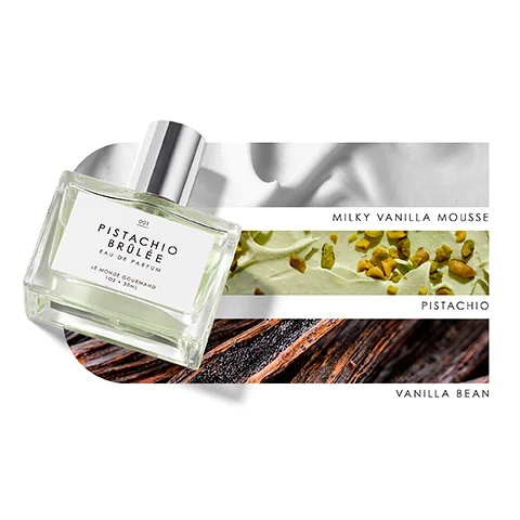 Image 1 - A bottle of Pistachio Brûlée Eau de Parfum is placed against a background featuring three horizontal sections of whipped pistachio mousse, wood texture, and vanilla bean, with the text Milky Vanilla Mousse, Pistachio, and Vanilla Bean visible.