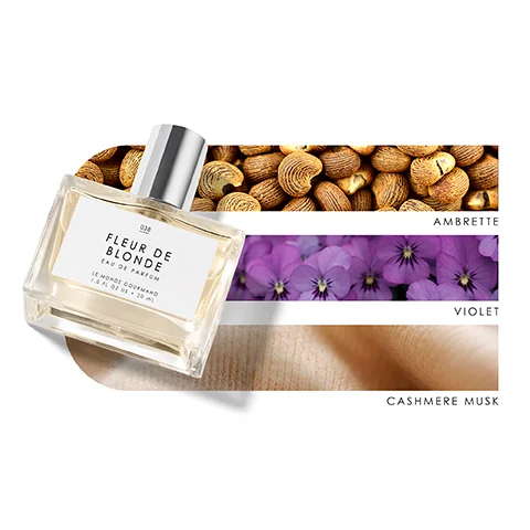 Image 1 - A bottle of Fleur de Blonde fragrance is positioned diagonally, surrounded by textures and images representing its scent notes: ambrette seeds, violet flowers, and cashmere musk.