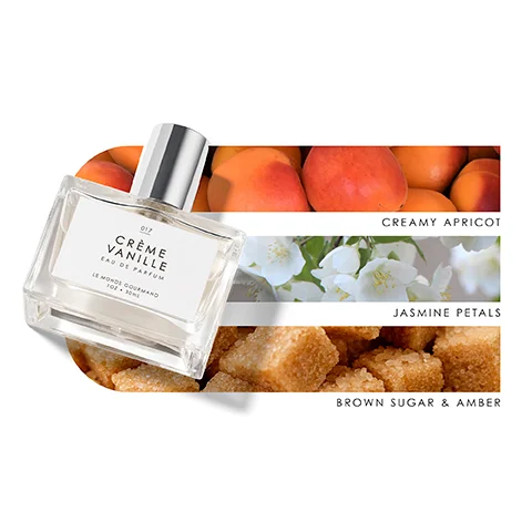 Image 1 - A bottle of Crème Vanille eau de parfum is placed on a background featuring images of creamy apricots, jasmine petals, and brown sugar with the following labels: CREAMY APRICOT, JASMINE PETALS, BROWN SUGAR & AMBER.