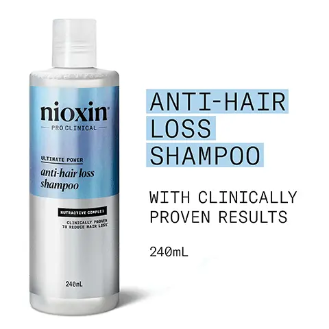 Image 1 - A bottle of Nioxin Pro Clinical Ultimate Power Anti-Hair Loss Shampoo with a light blue label, displaying the text Anti-Hair Loss Shampoo, With Clinically Proven Results, and 240mL.
Image 2 - A woman with curly hair holds a bottle of Nioxin hair care product, with text beside her that states Clinically Proven Results, Activates Hair Follicles, Removes Buildup, Visibly Less Hair Loss, and Formulated with NutraTive Complex.
Image 3 - Side profile of a woman with curly hair showing a comparison of her hair before and after treatment for hair loss, with the before image showing thinning hair and the after image displaying fuller hair, including text that says Before: Prior to washing and styling and After: Results with Nioxins Anti-Hair Loss Shampoo, Diamox Advanced Thickening Serum, blow dry & styled.
Image 4 - A bottle of Nioxin Pro Clinical Leave-On Scalp Treatment for daily use, with visible text indicating it is an anti-hair loss serum, includes a note about clinically proven results and the bottle size of 70mL.
Image 5 - A woman with long hair holds a bottle of Nioxin hair product, with text on the left stating FOR HEALTHY LOOKING HAIR, DERMATOLOGICALLY TESTED, IMPROVES HAIR ANCHORAGE, HELPS TO REDUCE HAIR LOSS, and THICKENS HAIR FROM FIRST USE.
Image 6 - Logo of Nioxin Pro Clinical on a blue gradient background with the text NIOXIN GROWS RESULTS™ and a description stating Nioxin’s Advanced Scalp Science Can Target Hair Thinning and Hair Loss for Proven Results You Can See and Feel.