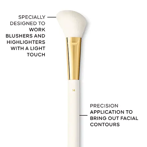 Image 1 - A makeup brush with a fluffy, white bristle head and a sleek gold and white handle, accompanied by text stating SPECIALY DESIGNED TO WORK BLUSHERS AND HIGHLIGHTERS WITH A LIGHT TOUCH and PRECISION APPLICATION TO BRING OUT FACIAL CONTOURS.
Image 2 - Image shows a display of makeup brushes arranged vertically with white handles and gold accents, labeled for face and eyes, including Fluid & Powder Foundation Brush, Fluid Foundation Brush, Powder Brush, Blush & Highlighter Brush, Eyeshadow Blending Brush, and Eyeshadow Shading Brush.