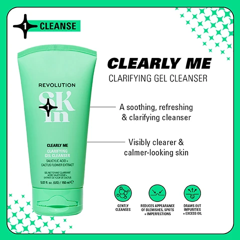 Image 1 - Image of a green tube of Revolution Clearly Me Clarifying Gel Cleanser, with visible text describing its benefits: a soothing, refreshing, and clarifying cleanser, promoting visibly clearer and calmer-looking skin, along with notes on gentle cleansing and reducing the appearance of blemishes.
Image 2 - A side-by-side comparison image showing a persons face, with the left side labeled Before and the right side labeled After 4 Weeks, revealing improved skin appearance; a product image of a four-step skincare routine is included at the bottom right.
Image 3 - Four skincare product displays are arranged in a grid format, featuring colorful packaging: the top left showcases Be Bright with orange and pink bottles, top right features Happy Hydrate in blue and teal, bottom left displays Clearly Clarify with turquoise and white bottles, and bottom right is Go Gentle with pink and white containers, each labeled with product categories and steps for use.
Image 4 - Image shows two skincare product bottles, one on the left labeled Blemish from Revolution Skin with a white and blue design, and a green tube on the right labeled Clearly Me under NEW PACKAGING, with the text at the top reading WEVE HAD A GLOW UP! and at the bottom stating NEW LOOK. SAME INCREDIBLE FORMULA.