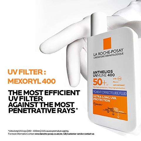 Image 1 - An image of a hand holding a white sunscreen bottle labeled La Roche-Posay Anthelios UVMune 400 SPF 50+, with text stating UV FILTER: MEXORYL 400, THE MOST EFFICIENT UV FILTER AGAINST THE MOST PENETRATIVE RAYS, and a note about ultra-long UVA rays.
Image 2 - A split image showing two sections: the left features a purple burst effect labeled ANTI-PIGMENTATION with text stating protects and corrects from uneven skin tone to the appearance of persistent dark spots, and the right shows a bright sunburst labeled MEXORYL 400 with text stating ultra-long UVA protection.
Image 3 - A white bottle of skincare product with a droplet of the product falling onto a glossy white surface, with visible text that reads APPLY THE PRODUCT JUST BEFORE EXPOSURE. SUITABLE FOR DAILY USE REMEMBER TO APPLY FREQUENTLY AND GENEROUSLY.
Image 4 - A bottle of La Roche-Posay Anthelios UVMune 400 sun protection fluid, prominently displaying the SPF 50+ logo, with graphics in the background emphasizing ultra-long UVA protection and anti-dark spots properties.
Image 5 - Image of a promotional graphic for La Roche-Posay featuring a logo at the top, followed by four icons with accompanying text, stating: Recommended by dermatologists, Suitable for photosensitive skin, Protection against UVA/UVB, and Fragrance-free formula.
Image 6 - Three skincare products from La Roche-Posay are displayed, labeled with numbers 1, 2, and 3: MELA B3 Cleanser Purifying Micro-Peeling, MELA B3 Serum Anti-Dark Spots, and ANTHELIOS UV MUNE 400 Protect UVA and UVB.