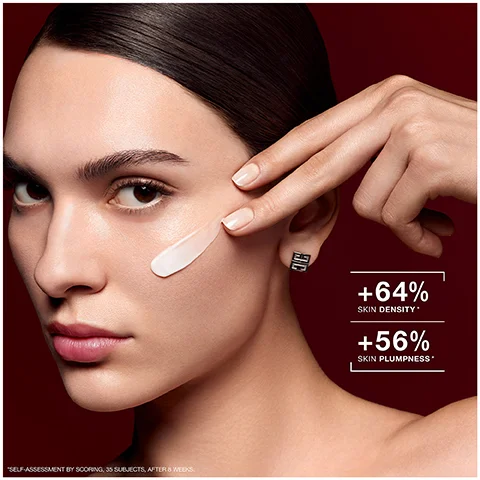 Image 1 - A close-up of a woman applying a cream to her cheek, displaying a smooth complexion, with statistics indicating +64% skin density and +56% skin plumpness on the right side of the image.