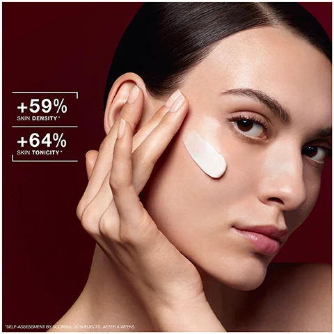 Image 1 - A close-up of a womans face applying cream to her cheek, displaying healthy skin with text showing +59% skin density and +64% skin tonicity, along with a note about self-assessment by scoring 36 subjects after 8 weeks.