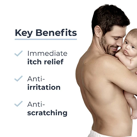 Image 1 - A smiling man holds a baby close to his chest, with text on the left that reads Key Benefits, followed by checkmarks for Immediate itch relief, Anti-irritation, and Anti-scratching.
Image 2 - A hand holds a tube of Eucerin Atopi Control Acute Care Cream, with text beside it stating Itchy, very dry to atopic skin, Anti-itch, and Suitable for babies.
Image 3 - A creamy, white skin product is swirled in a zigzag pattern with text labeling Licorice A, Ceramides, and Menthoxypropanediol (MPD) beside the respective components.
Image 4 - A light blue background features the text up to 24H itch relief* in bold, with a star and a note at the bottom stating BDF Internal Study 2023.
Image 5 - Image shows three Eucerin AtoControl products arranged in a horizontal line: a yellow bottle labeled SHOWER OIL, a white tube labeled CALMING BALM, and a white tube labeled ACUTE CARE CREAM, with the text Recommended Routine above them and numbers 1, 2, and 3 in the background.