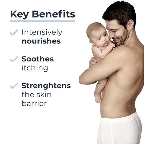 Image 1 - A shirtless man is holding a baby against his chest, with text on the left listing key benefits: intensively nourishes, soothes itching, strengthens the skin barrier.
Image 2 - A dollop of white cream is shown with labels indicating Natural Omega Oils (Evening Primrose & Grape Seed), Ceramides, and Licorice A.
Image 3 - A person is holding a tube of Eucerin AtoControl Calming Balm, with text on the right side that reads Itchy, very dry to atopic skin, Calming, and Suitable for Newborns.
Image 4 - Image displays a light blue background with rays of light; it features the text 91% confirm long-lasting itch relief, with a footnote stating *Product in use study with 160 volunteers with mild to moderate atopic dermatitis. Results after 4 weeks application.
Image 5 - Image shows three Eucerin Atocontrol skincare products: a yellow bottle labeled Calming Shower Oil on the left, a white tube labeled Calming Balm in the center, and a white tube labeled Calming Face Cream on the right, with text that reads Recommended Routine above and numbers 1, 2, and 3 above the products.