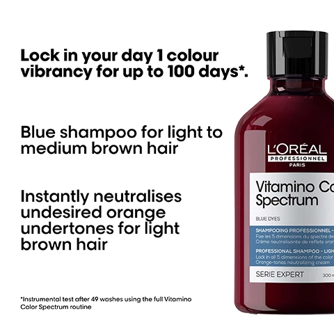 Image 1 - A bottle of LOréal Professionnel Vitamin Color Spectrum blue shampoo is shown with text stating it locks in color vibrancy for up to 100 days, is intended for light to medium brown hair, and neutralizes undesired orange undertones.
Image 2 - Image of a woman with vibrant pink hair, wearing a sleek black outfit, with text highlighting new hair technology that ensures proven efficacy on 5 colour dimensions: 01 Shine: High Glass shine, 02 Rich vibrant colours, 03 Contrast, 04 Tone, 05 Brightness, along with a footnote about instrumental tests related to the product.
Image 3 - A shiny, dark blue substance with a glittery texture, accompanied by text that reads Blue dyes & caring agents Neutralizes the undesired orange undertones.
Image 4 - Image showing a comparison of hair quality with a Before section on the left displaying straight, frizzy hair, and an After section on the right featuring smooth, wavy hair; a bottle of hair product is visible on the bottom right along with the text Not retouched.
Image 5 - Image shows three hair care products from LOréal Professional labeled as Vitamine Color Spectrum in varying sizes: a shampoo bottle, a cream jar, and a serum bottle, with text that reads The anti-fading professional routine, followed by 01 Cleanse, 02 Moisturize, and 03 Shine.