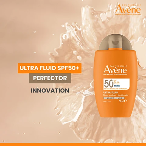 Image 1 - An orange Avène sunscreen bottle is shown with a water splash background and overlaid text ULTRA FLUID SPF50+ PERFECTOR INNOVATION plus text on the bottle EAU THERMALE Avène LABORATOIRE DERMATOLOGIQUE 50+ SPF UVA UVB BLUE LIGHT TRES HAUTE PROTECTION VERY HIGH PROTECTION ULTRA FLUID Peaux sensibles - Sensitive skin PERFECTEUR I PERFECTOR Made in France 50 ml e. Image 2 - Three women with different skin tones and features are shown in a close-up with text FOR ALL SKIN TYPES and the logo Avène EAU THERMALE LABORATOIRE DERMATOLOGIQUE. Image 3 - An image shows the Avene Eau Thermale Laboratoire Dermatologique logo and text stating Clinically Proven Protection UVB/UVA, Blue Light & Skin Ageing with a footnote about an in vitro filtering study. Image 4 - An image shows four orange bottles of Avène Ultra Fluid sunscreen with text reading: Avène Laboratoire Dermatologique ULTRA FLUID RANGE 100% FIT FOR ALL ROUTINES Apply daily in all weather conditions RECOMMENDED BY DERMATOLOGISTS Avène Eau Thermale Laboratoire Dermatologique ULTRA FLUID 50 SPF UVA UVB HEV BLUE LIGHT 1 SECOND ABSORPTION OIL CONTROL PERFECTOR NUDE ECLAT/RADIANCE EQUAL HIGH PROTECTION INVISIBLE 50ml.