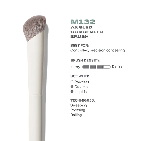 Image 3 - Image of an angled concealer brush with a fluffy bristle head and a white handle, accompanied by text that states the product name M132, best uses for controlled precision concealing, brush density scale from fluffy to dense, recommended uses including powders, creams, and liquids, and techniques of sweeping, pressing, and rolling.
Image 4 - An angled concealer brush with a rounded brush head, shown from the top and side views, displaying dimensions of 11mm in height and 171mm in length, labeled as M132 with the brand name Morphe visible on the handle.
Image 5 - Close-up image of a makeup brush with dense bristles, featuring text that reads BEST-IN-BRUSH BENEFITS Bristles infused with silver ion technology, known to have antibacterial benefits. Engineered to hold up to your daily routine. Designed with pro-perfected brush heads.
Image 6 - Image shows four different concealer brushes with white handles arranged in a row, labeled M131 Rounded Paddle Concealer Brush, M132 Angled Concealer Brush, M133 Domed Concealer Brush, and M134 Pointed Paddle Concealer Brush, with descriptions underneath: Light, buildable concealing, Controlled, precision concealing, Foolproof, seamless concealing, Maximum concealer laydown.
Image 8 - Instructional graphic titled HOW TO TAKE CARE OF YOUR BRUSH with five numbered steps detailing the cleaning process for brushes, including visual icons for each step, and caution text at the bottom.