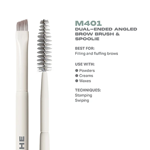 Image 3 - Image shows a dual-ended angled brow brush with a spoolie on one end, labeled M401, along with text indicating it is best for filling and fluffing brows and compatible with powders, creams, and waxes, using techniques like stamping and swiping.
Image 4 - A dual-ended angled brow brush and spoolie in a light-colored handle, with visible measurements of 6.5mm width, 125mm length, and 20mm thickness, labeled as M401 from Morphe.
Image 5 - Close-up of a makeup brush with soft, gray bristles and a light-colored handle, featuring text that reads BEST-IN-BRUSH BENEFITS, Bristles infused with silver ion technology, known to have antibacterial benefits, Engineered to hold up to your daily routine, Designed with pro-perfected brush heads.
Image 6 - Image of two dual-ended brow brushes labeled M401 and M402, with M401 featuring an angled brush and spoolie for filling and fluffing brows, while M402 has a precision brush and comb for precisely filling and laminating brows, with the heading FIND YOUR BROW BRUSH at the top.
Image 7 - Image shows a instructional graphic titled HOW TO TAKE CARE OF YOUR BRUSH with five numbered steps outlining the cleaning process for a brush, followed by a caution statement about not using hot water or submerging the brush.