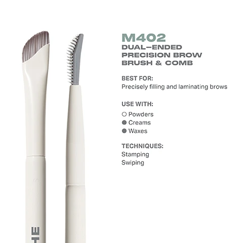 Image 3 - A dual-ended brow brush and comb labeled M402, with one end featuring a flat brush and the other a comb, alongside text describing its uses for filling and laminating brows, recommended products, and techniques.
Image 4 - A dual-ended precision brow brush and comb with a tapered brush head on one end and a comb on the other, alongside dimensions indicating a length of 130mm and a brush width of 4mm, with the text M402 and Morphe visible.
Image 5 - A makeup brush with densely packed bristles is displayed, accompanied by text highlighting its antibacterial silver ion technology, durability for daily use, and pro-perfected brush heads.
Image 6 - Image of two dual-ended brow brushes labeled M401 and M402, with descriptions for each brush; M401 labeled as Dual-Ended Angled Brow Brush & Spoolie for filling and fluffing brows, and M402 labeled as Dual-Ended Precision Brow Brush & Comb for precisely filling and laminating brows, with the heading Find Your Brow Brush.
Image 7 - An infographic titled HOW TO TAKE CARE OF YOUR BRUSH featuring five numbered steps for brush care and a caution note at the bottom, with instructions including wetting bristles, swirling on the palm, rinsing, squeezing out moisture, and reshaping the bristles before air-drying. The caution states not to use hot water or submerge the brush in water or cleaner.
