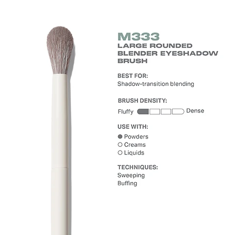 Image 1 - Image of a large rounded eyeshadow blending brush labeled M333, showing the brushs fluffy density and text indicating it is best for shadow-transition blending, suitable for use with powders, creams, and liquids, with recommended techniques of sweeping and buffing.
Image 2 - Image shows a large rounded blender eyeshadow brush from Morphe, displayed in top and side views with its measurements of 21mm and 171mm respectively. Visible text includes M3333, Large Rounded Blender Eyeshadow Brush, and MORPHE.
Image 3 - A close-up image of a makeup brush with soft, gray bristles in a white handle, featuring text that reads BEST-IN-BRUSH BENEFITS, Bristles infused with silver ion technology, known to have antibacterial benefits, Engineered to hold up to your daily routine, Designed with pro-perfected brush heads.
Image 4 - Image of three eyeshadow blending brushes labeled M331, M332, and M333 with descriptions for each brushs use, above the text “FIND YOUR EYESHADOW BLENDER BRUSH.”
Image 5 - Image shows a list titled HOW TO TAKE CARE OF YOUR BRUSH with five steps outlining the brush care process, followed by a caution note about avoiding hot water and submerging the brush, which states: CAUTION: To avoid compromising the brush construction, do not use hot water, wet the brush ferrule, or submerge your brush in water or cleaner.