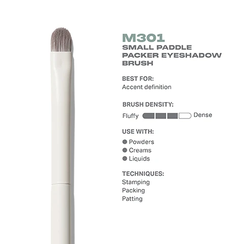 Image 3 - Image of a small paddle packer eyeshadow brush with a textured grey tip and a white handle, accompanied by text that describes it as the M301 Small Paddle Packer Eyeshadow Brush, stating it is best for accent definition, has a brush density scale indicating it is fluffy, and mentions it can be used with powders, creams, and liquids, along with suggested techniques of stamping, packing, and patting.
Image 4 - Image shows a small paddle eyeshadow brush from Morphe, viewed from the top and side; dimensions are labeled as 8mm width and 158mm length, with the text M301 Small Paddle Packer Eyeshadow Brush visible.
Image 5 - Image of a cosmetic brush with soft, grey bristles in a sleek holder, alongside text that reads: BEST-IN-BRUSH BENEFITS Bristles infused with silver ion technology, known to have antibacterial benefits. Engineered to hold up to your daily routine. Designed with pro-perfectedd brush heads.
Image 6 - Image shows three eyeshadow brushes labeled M301, M302, and M303 with descriptions for each: Small Paddle Packer Eyeshadow Brush, Medium Paddle Packer Eyeshadow Brush, and Large Paddle Packer Eyeshadow Brush, along with text stating Find Your Eyeshadow Packer Brush and the brush features as Accent definition, High-impact definition, and Quick, allover application.
Image 7 - Image showing step-by-step instructions on how to take care of a brush, with numbered steps detailing the cleaning process, and a caution note at the bottom regarding proper care to avoid compromising the brush construction.