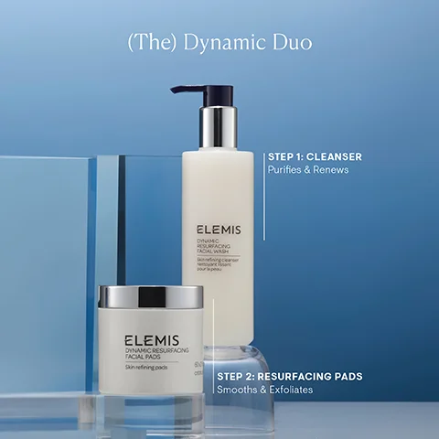 Image 1 - Image of two skincare products on a reflective surface, one is a bottle labeled ELEMIS Dynamic Facial Wash and the other is a jar labeled ELEMIS Dynamic Resurfacing Facial Pads, with text that reads (The) Dynamic Duo, STEP 1: CLEANSER Purifies & Renews, and STEP 2: RESURFACING PADS Smooths & Exfoliates.