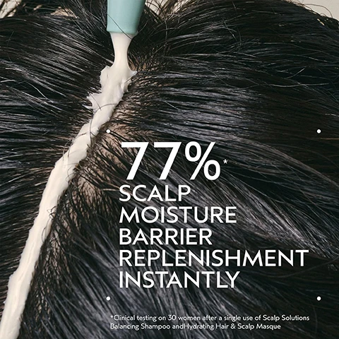 Image 2 - A light blue applicator dispenses white product onto dark hair along a part line, with overlay text reading 77% SCALP MOISTURE BARRIER REPLENISHMENT INSTANTLY *Clinical testing on 30 women after a single use of Scalp Solutions Balancing Shampoo and Hydrating Hair & Scalp Masque. Image 3 - A split image shows the back of a persons head with dark, curly hair; on the left, labeled BEFORE Unwashed Hair, the hair appears dry and frizzy, while on the right, labeled AFTER, the hair appears shiny, moisturized, and with well-defined curls, with a hand touching the hair in both frames; the image also contains the text Results with Scalp Solutions Exfoliating Scalp Treatment, Balancing Shampoo, Replenishing Conditioner, Hydrating Hair & Scalp Masque and Overnight Scalp Renewal Serum. Styled with Invati Ultra Advanced Thickening Foam, Be Curly Advanced Curl Enhancer Cream and Coil Definer Gel, Air Control Light Hold Hair Spray and Nutriplenish Multi-Use Hair Oil. Image 4 - A dark green background features a circular graphic with translucent light blue-green bubbles representing moisture technology, with the text DUAL-IMPACT MOISTURE TECHNOLOGY and VEGAN SQUALANE RELIEVES DISCOMFORT FROM SCALP DRYNESS AND LEAVES HAIR SMOOTH, SHINY, AND HYDRATED. Image 6 - A split image shows a womans long, dark hair: on the left, it appears unwashed and somewhat dull, and on the right, it appears shiny, smooth, and styled. Text on the image reads: BEFORE, AFTER, Unwashed Hair, Results with Scalp Solutions Exfoliating Scalp Treatment, Balancing Shampoo, Replenishing Conditioner, Hydrating Hair & Scalp Masque and Overnight Scalp Renewal Serum. Styled with Pure Abundance Style-prep™ and Air Control™ Light Hold Hair Spray.