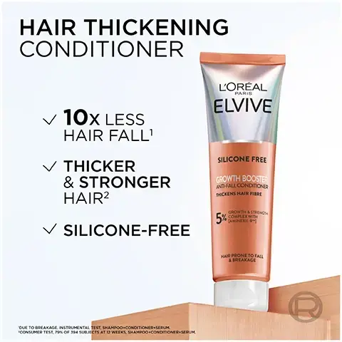 Image 1 - A tube of LOréal Paris Elvive Hair Thickening Conditioner with a peach and white design, featuring text that states 10x less hair fall, thicker & stronger hair, and silicone-free, along with growth booster and anti-fall conditioner labels.
Image 2 - Image shows a stylized capsule containing liquid, with elements resembling pearls and a drop of liquid, labeled BREAKTHROUGH FORMULA, AMINEXIL-R, NIACINAMIDE + GINGER EXTRACT, and the text REINFORCES HAIR FIBRES & PROLONGS HAIRS LIFE CYCLE.
Image 3 - A comparison image showing hair restoration results after 12 weeks, with two Before images of individuals with thinning hair at the top and two After images showing improved hair volume at the bottom, including clinical study details at the bottom. Image 4- A woman with wavy brown hair and a man with curly black hair pose together, with the womans face prominently featured and a hair care product from LOréal Elvive in front, displaying the text UP TO 10X LESS HAIR LOSS YOURE WORTH IT.