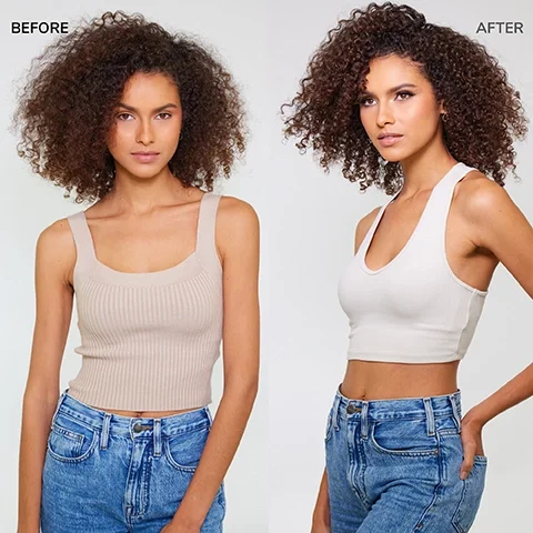 Image 3 - A woman with curly hair is shown in two side-by-side images, wearing a beige ribbed crop top on the left labeled BEFORE and a light gray scoop-necked crop top on the right labeled AFTER.