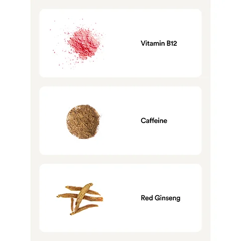 Image 1 - Image shows three sections, each containing a different ingredient: a pink powder labeled Vitamin B12, a brown powder labeled Caffeine, and a group of long roots labeled Red Ginseng.