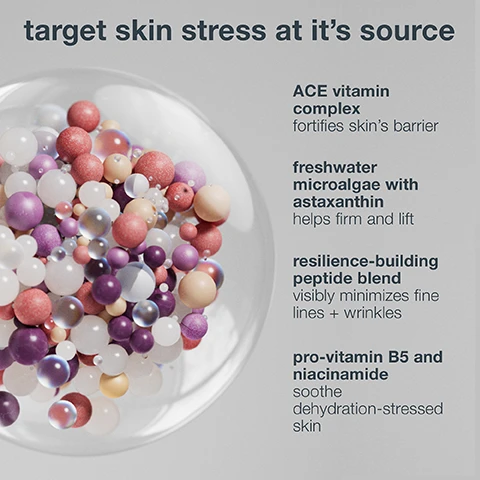Image 1 - A close-up image of colorful spheres in various sizes, representing skincare ingredients, with text on the right side listing benefits: target skin stress at its source, ACE vitamin complex fortifies skins barrier, freshwater microalgae with astaxanthin helps firm and lift, resilience-building peptide blend visibly minimizes fine lines and wrinkles, pro-vitamin B5 and niacinamide soothe dehydration-stressed skin.
Image 2 - Image shows a close-up of a forehead comparing skin appearance before and after treatment, with visible text stating CLINICAL PROOF: reduces the looks of wrinkles and rough skin at the top, before above the first image, and after above the second image, along with a note at the bottom about the clinical results.
Image 3 - Image showing a side-by-side comparison of a persons face with a before image on the left and an after image on the right, highlighting improved skin. Visible text includes CLINICAL PROOF: 100% showed more radiant skin 94% had more hydrated skin before after *Independent clinical result after 1 application. Based on a 4 week study of 31 subjects, 2 applications/day.
Image 4 - Close-up portrait of a woman with clear skin, accompanied by statistics showing that 94% saw brighter skin, 91% felt their skins texture improved, and 90% said their skin looked and felt smoother, with footnotes indicating study details.
Image 5 - A smooth, creamy peach-colored skincare product is spread on a surface, accompanied by the text rich, sensorial cream soothes stressed skin.
Image 6 - A person with a radiant smile is applying a translucent gel to their cheek, with visible text that reads how to use: apply over face and neck with light, upward strokes. use morning and night.
Image 7 - Image of two skincare products from Dermalogica: a bottle of multivitamin power recovery cream labeled restore for daily moisturizing and a tube of multivitamin power recovery masque labeled rescue for a 15-minute treatment as needed.
Image 8 - A hand holding a silver bottle of Dermalogica Multivitamin Power Recovery Cream, with text stating it solves the 4 visible signs of skin stress after 1 use: dryness, fine lines, sagging, and dullness; additional text mentions independent clinical result after 1 application and a study based on 31 subjects.
Image 9 - A silver and black skincare bottle labeled dermalogica multivitamin power recovery cream with text highlighting its benefits: provides immediate nourishment to hydrate and de-stress skin, fights environmental stressors with powerful multivitamins, and boosts skin resilience to prevent premature signs of skin aging.
