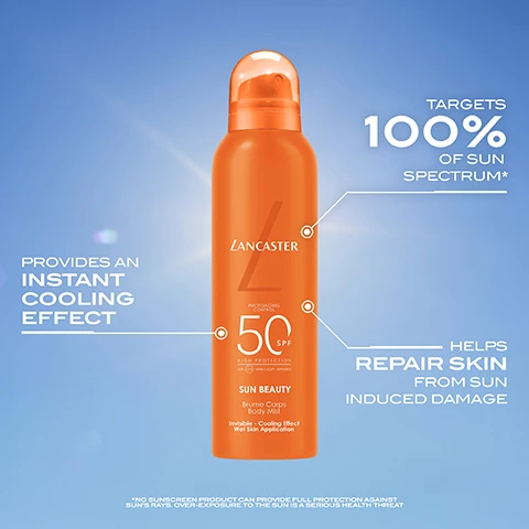 Image 1 - An orange sunscreen spray bottle labeled Lancaster with SPF 50 is shown against a blue sky, featuring text that states it provides an instant cooling effect, targets 100% of sun spectrum, and helps repair skin from sun-induced damage.
Image 2 - An illustration of water droplets on a light background with text labels that say IMMEDIATE FRESHNESS SENSATION, INSTANT-COOLING EFFECT, and TRANSPARENT LIGHTWEIGHT FORMULA.
Image 3 - A close-up image of a smooth, sun-kissed leg with a light sheen, featuring text that says: 1) SHAKE WELL TO PREP, 2) APPLY EVENLY ALL OVER THE BODY BEFORE SUN EXPOSURE, 3) ENJOY FRAGRANCE-FREE, TEARLESS AND ANTI-SAND PROTECTION.