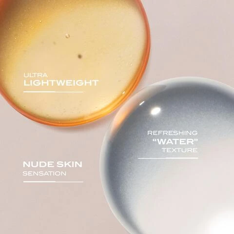 Image 1- Two circular samples of skincare products are displayed on a light background; the top sample is a light golden color labeled ULTRA LIGHTWEIGHT, and the bottom sample is a translucent blue-gray labeled REFRESHING WATER TEXTURE, with the phrase NUDE SKIN SENSATION appearing below.
Image 2 - A close-up of a womans arm, displaying her skin against a blue background, with instructions for using a product that read: 1 SHAKE WELL TO PREP, 2 SPRAY ALL OVER BODY AND BLEND IN SEAMLESSLY, 3 REAPPLY REGULARLY TO STAY PROTECTED.
Image 3 - Image shows two bottles of Lancaster Sun Beauty sunscreen, with the left bottle labeled Fast Tan Optimizer and featuring an orange background, and the right bottle labeled 50 SPF HIGH PROTECTION with a new pack indicator.