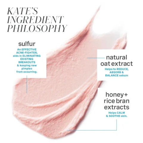 Image shows a light pink creamy texture with text indicating Kates ingredient philosophy, listing sulfur as an effective acne-fighter, natural oat extract for reducing sebum, and honey plus rice bran extracts for calming skin.
