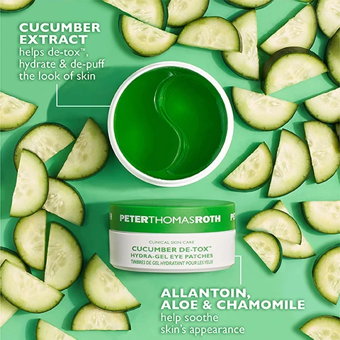 Image 1 - A flat lay image features a green container of Peter Thomas Roth Cucumber De-Tox Hydra-Gel Eye Patches surrounded by fresh cucumber slices on a green background, with visible text stating Cucumber Extract helps de-tox™ hydrate & de-puff the look of skin and Allantoin, Aloe & Chamomile help soothe the skins appearance.
Image 2 - Two close-up images of an eye area highlighting changes, with text labels BEFORE and IMMEDIATELY AFTER in the center on a green background, and a header reading DE-TOX™ & DE-PUFF in just 10 minutes! at the top, along with a note at the bottom stating *Untouched photos. Individual results may vary.
Image 3 - Illustration of a womans face with under-eye patches applied, showing two options: one targeting under-eye puffiness and wrinkles, and the other targeting crows feet, with the text CAN BE APPLIED TWO WAYS, Target Under-Eye Puffiness & Wrinkles, and Target Crows Feet.
